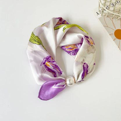 Print Scarf Silk Pearl Buckle