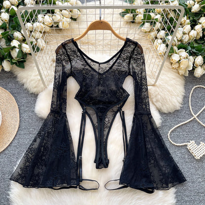 Sexy Sleeveless Lace Flare Sleeve Vintage Bodysuits