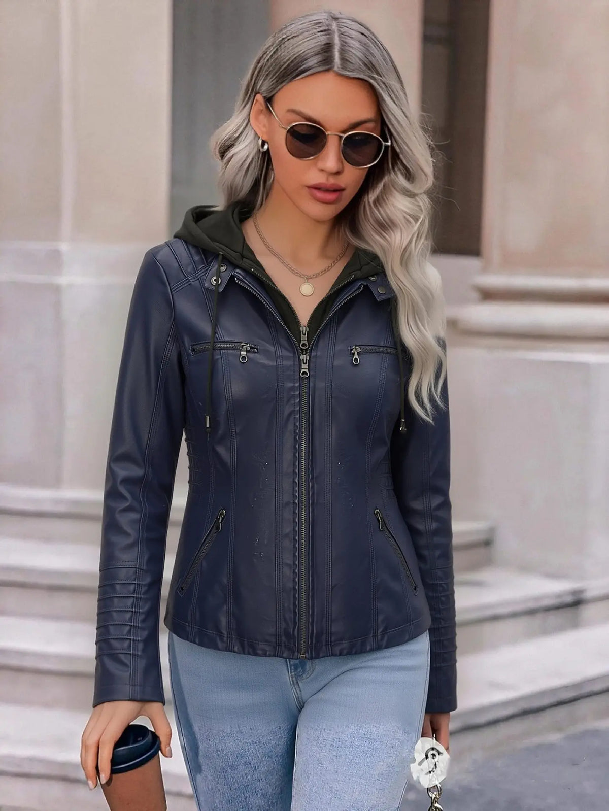 Detachable Hood Faux Leather Jacket