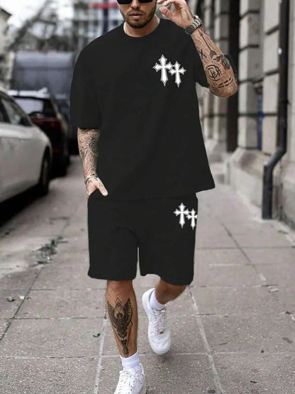 Cross Print T-Shirt Shorts Set