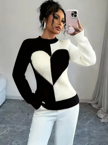 Color-Block Heart Knit Pullover