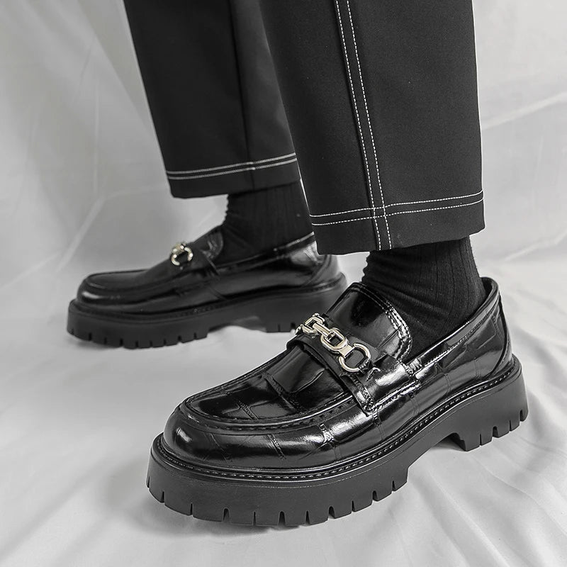 Glossy Metal Thick-Sole Loafers