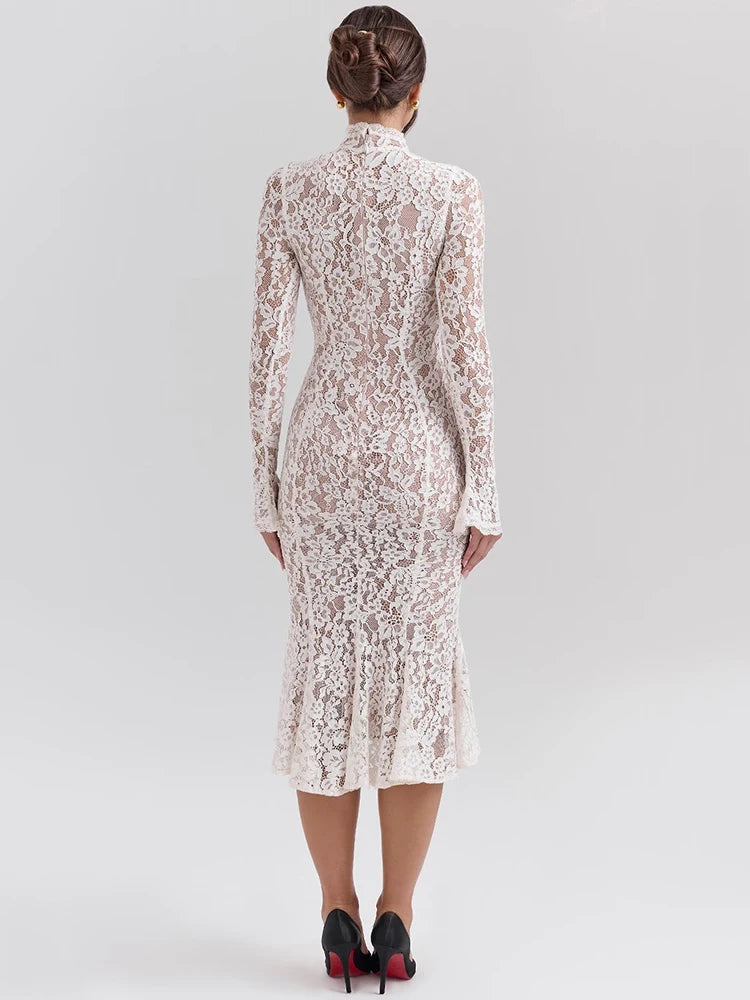 White Lace Half High Collar Midi Dress