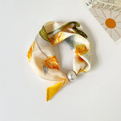 Print Scarf Silk Pearl Buckle