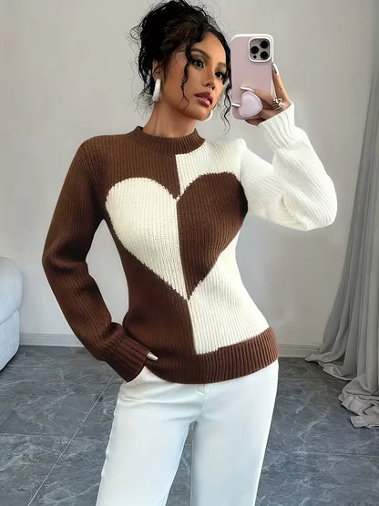 Color-Block Heart Knit Pullover