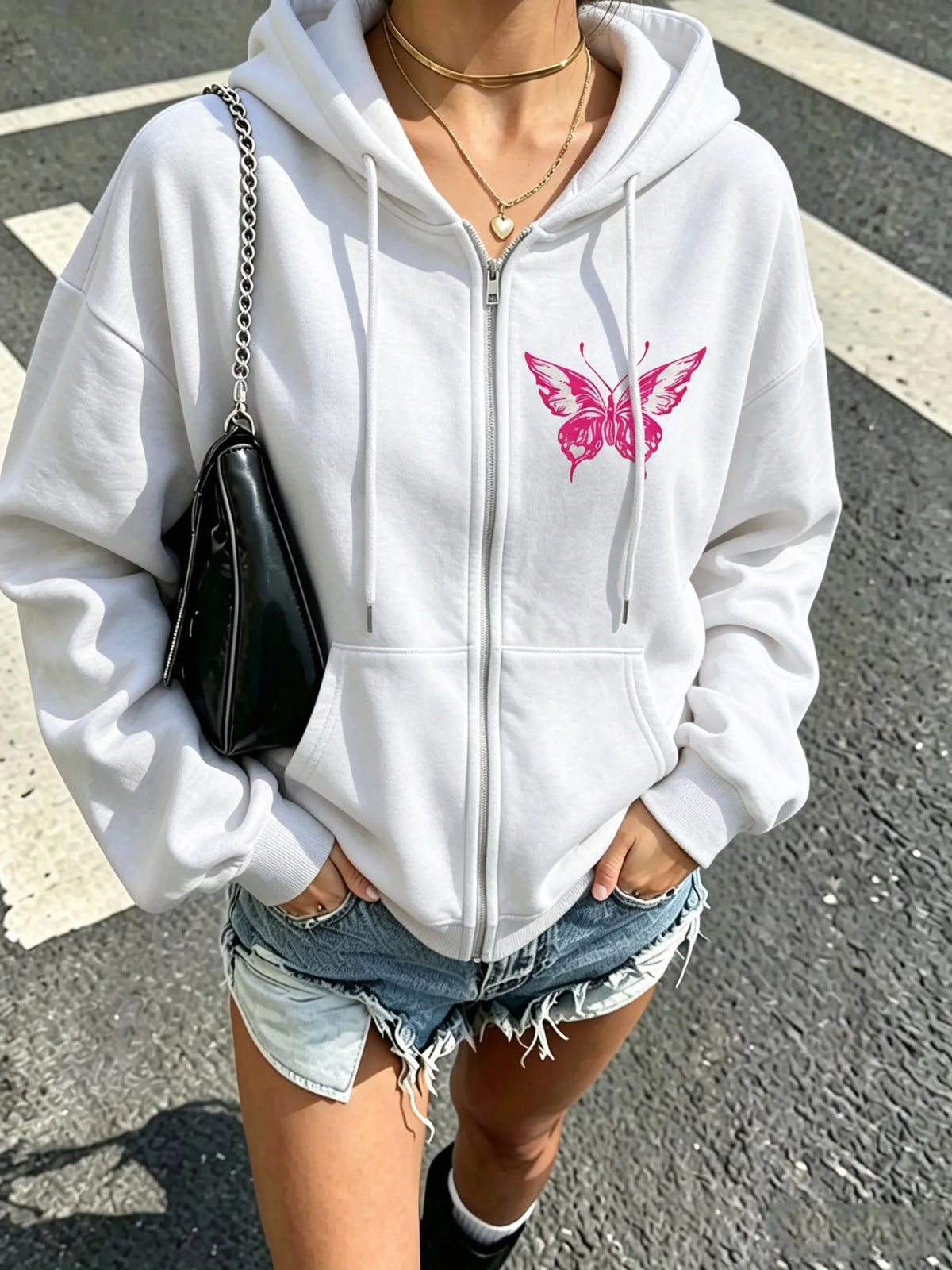 Butterfly Drawstring Zip Hoodie