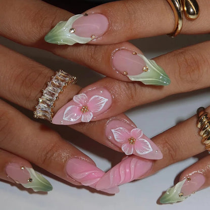 3D Flower Almond Press-On Nails