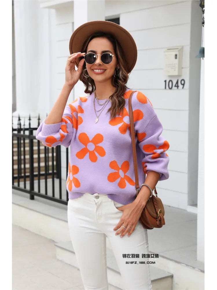 Flower Print Pullover Sweater