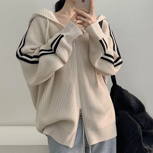 Hooded Double Zipper Knit Cardigan
