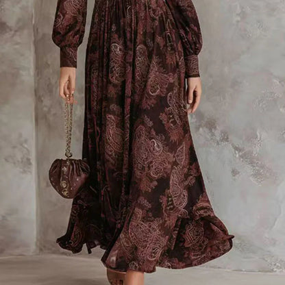 Floral Print V-Neck Pleated Long Dress