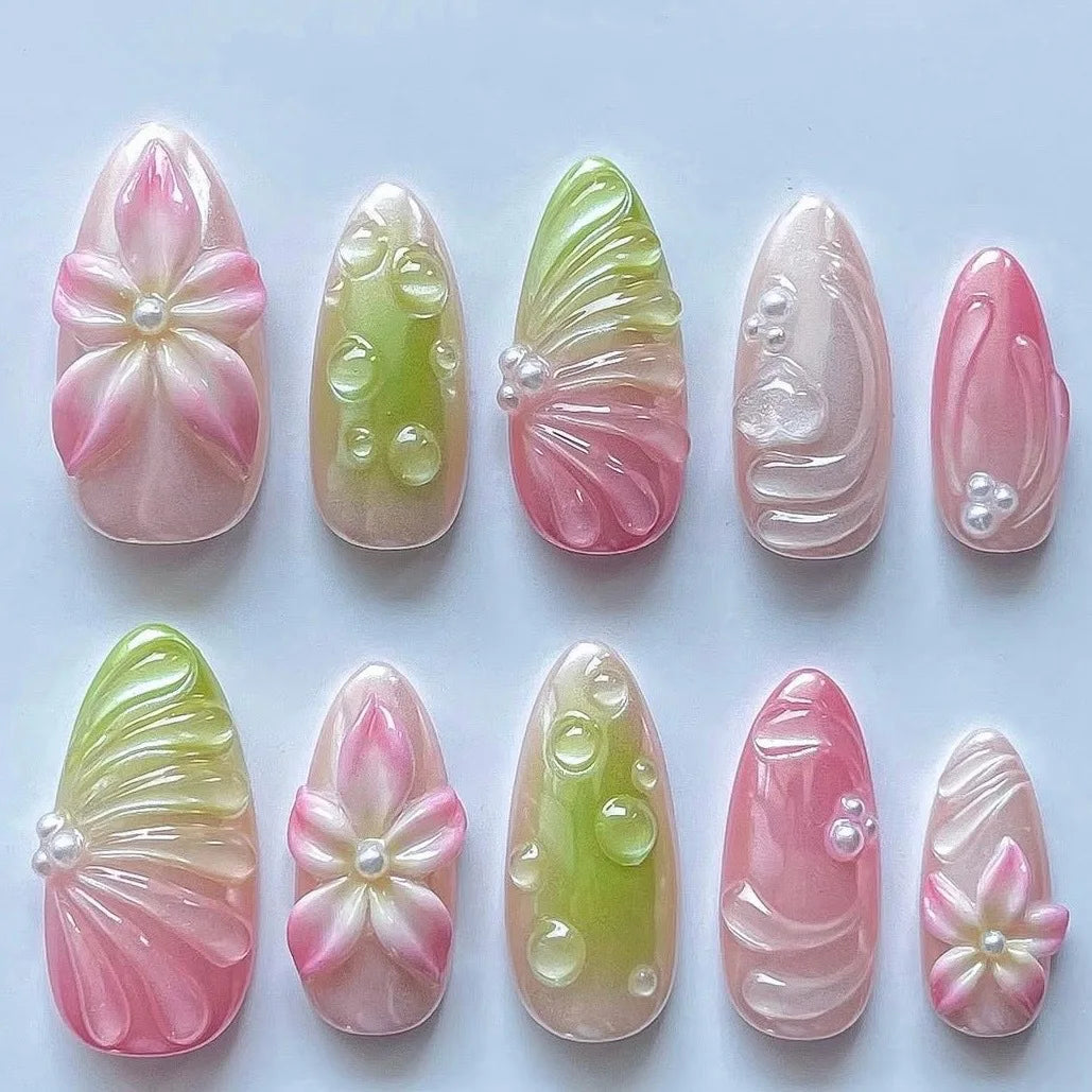 3D Flower Almond Press-On Nails