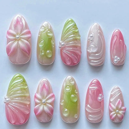 3D Flower Almond Press-On Nails