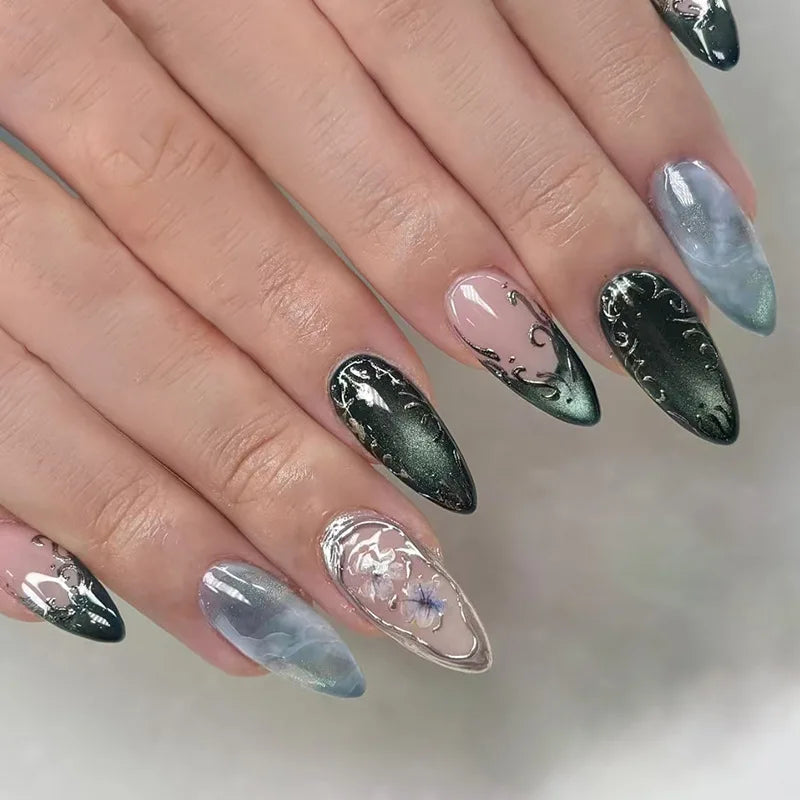 Gradient Blue Flower Press-On Nails