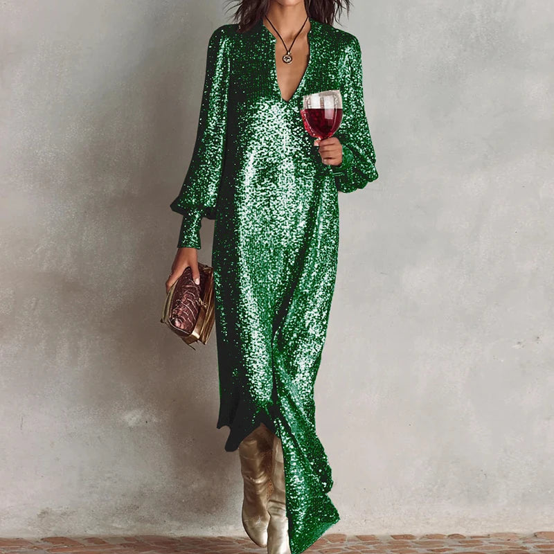 Sequined V-Neck Long Sleeve Loose Dress