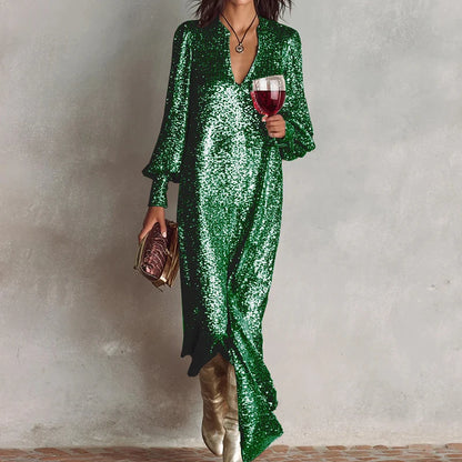 Sequined V-Neck Long Sleeve Loose Dress