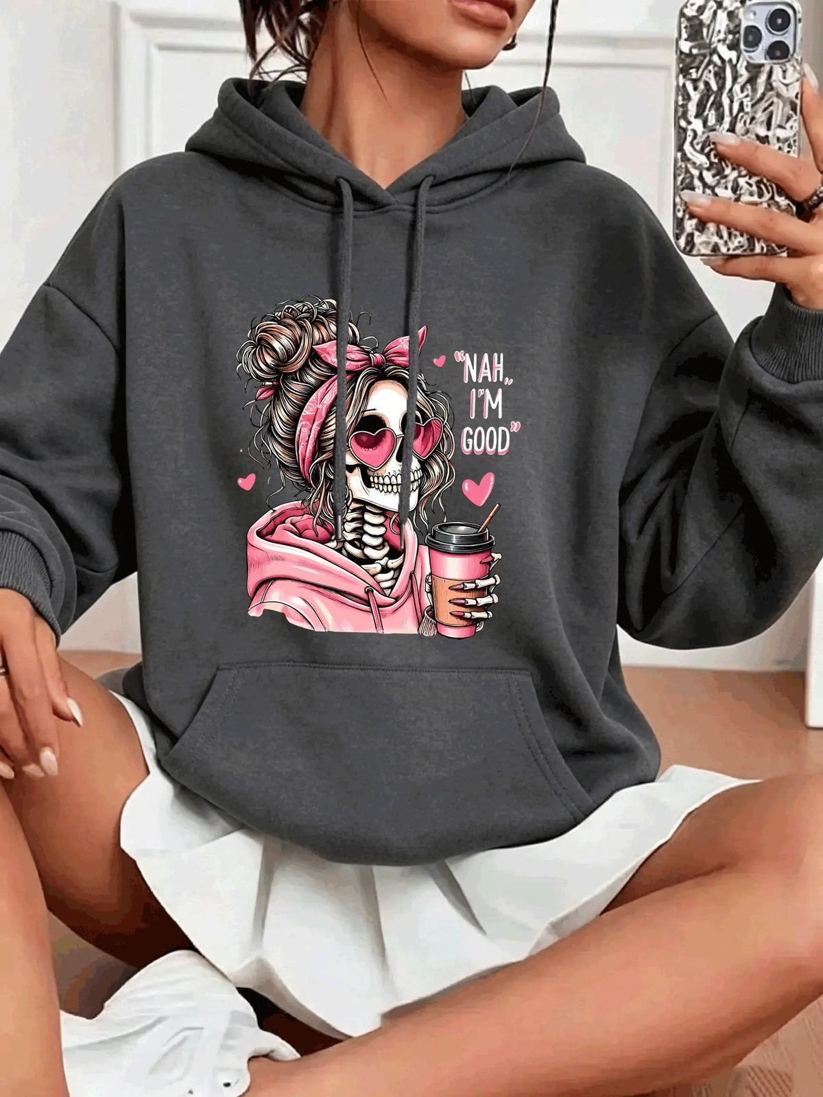 Skull Print Pocket Hoodie