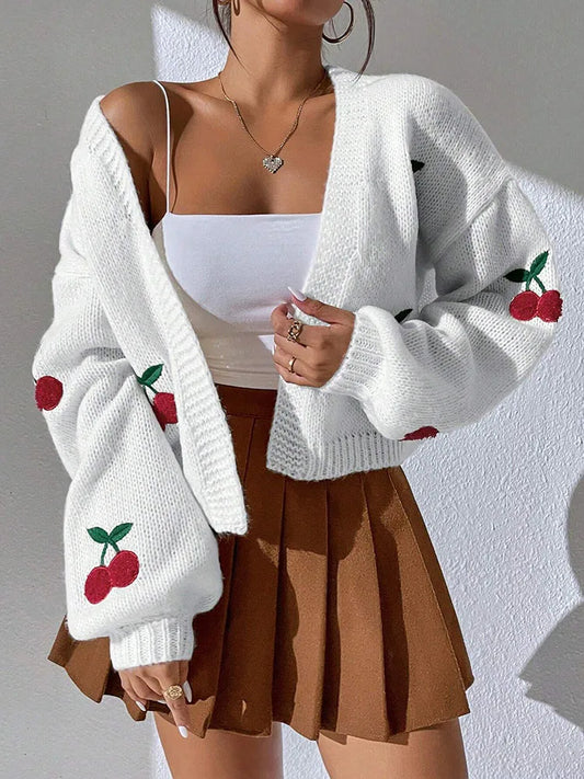 Cherry Embroidered Low Shoulder Cardigan