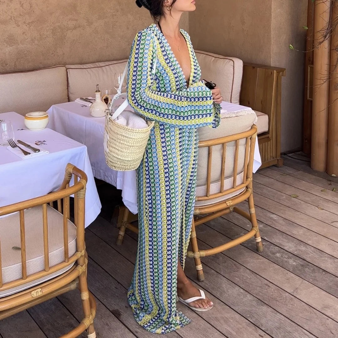Crochet Striped Flare Sleeve Maxi Dress