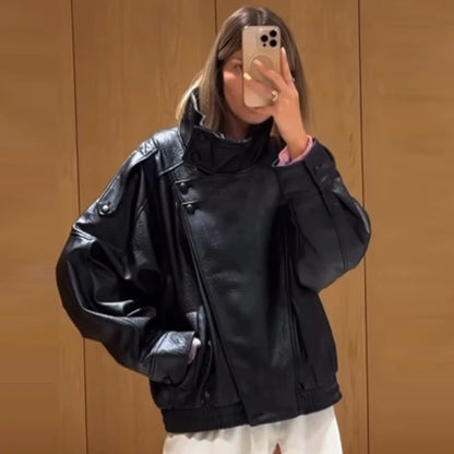 Cropped Faux Leather Bomber Jacket