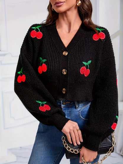 Cherry Embroidered Lantern Sleeve Cardigan