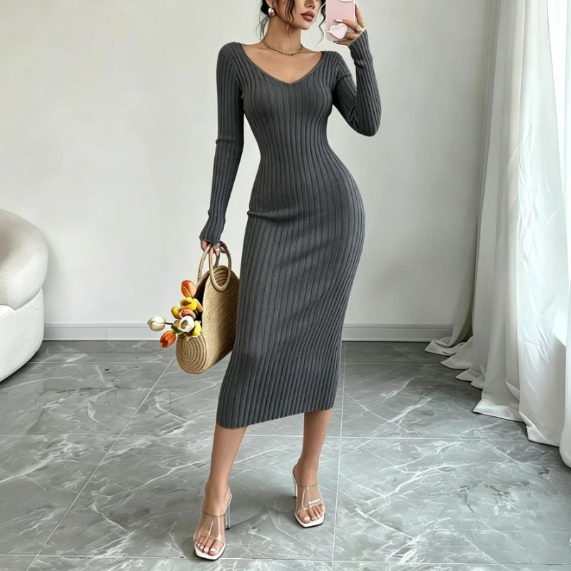 Ribbed Knit V-Neck Sweater Dress