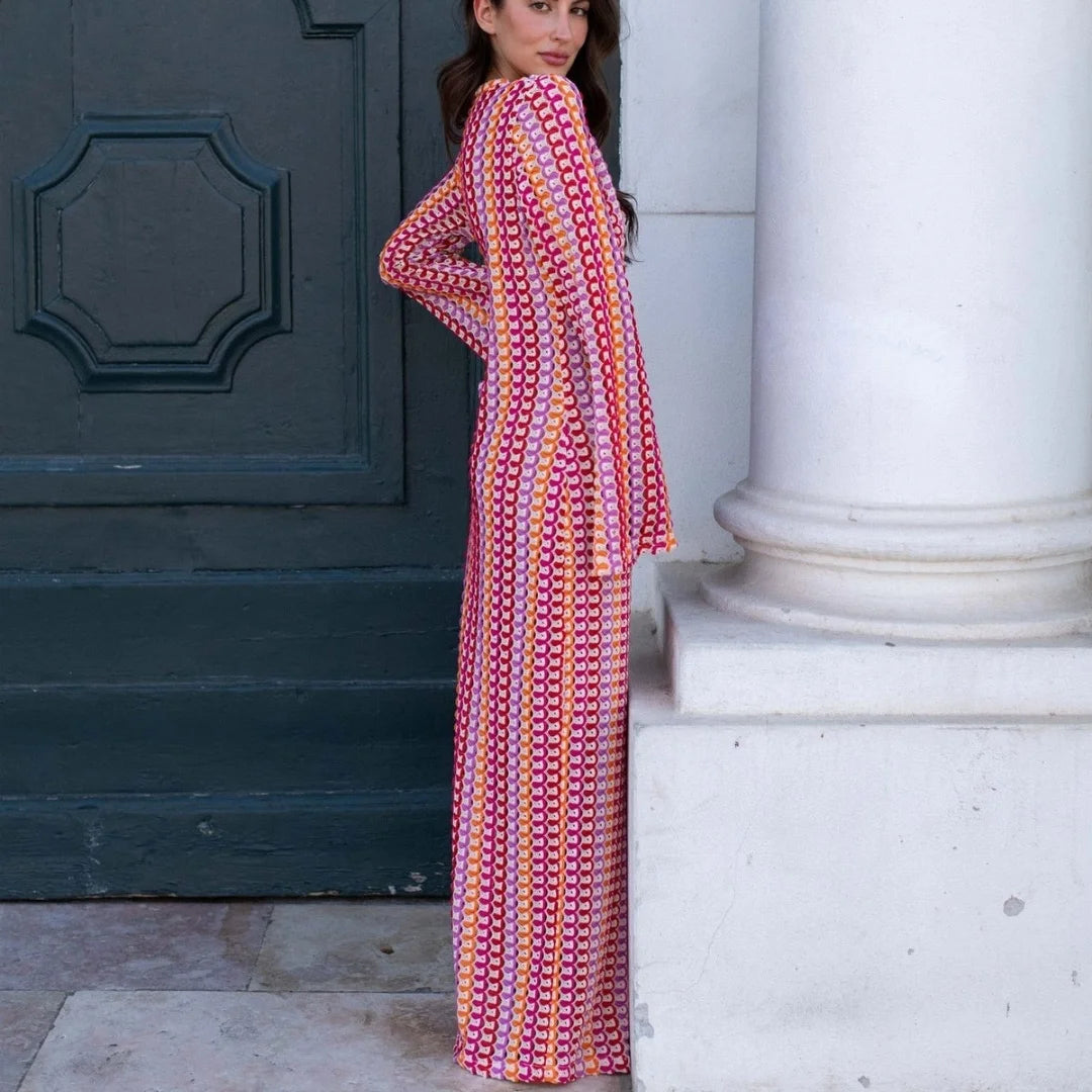 Crochet Striped Flare Sleeve Maxi Dress
