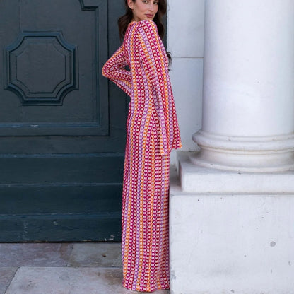 Crochet Striped Flare Sleeve Maxi Dress