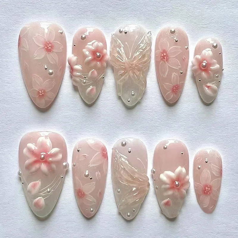 3D Flower Almond Press-On Nails