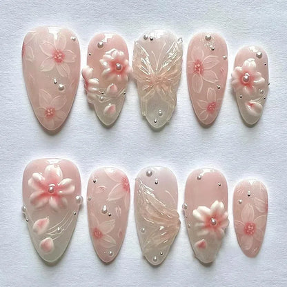 3D Flower Almond Press-On Nails