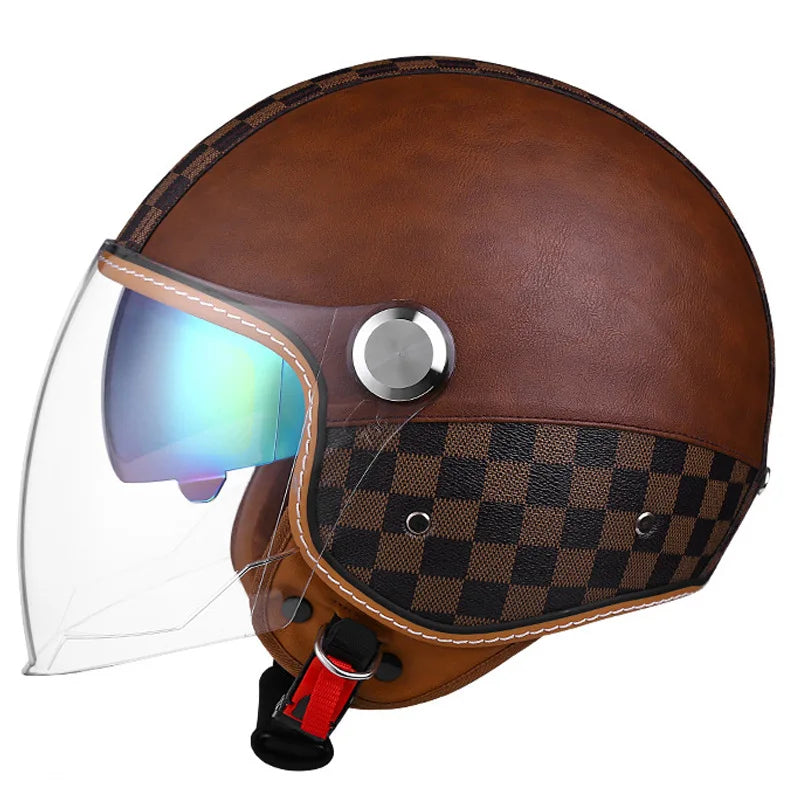 Brown Leather-Look 3/4 Jet Helmet