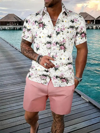 3D Leaf Print Hawaiian Shirt Set