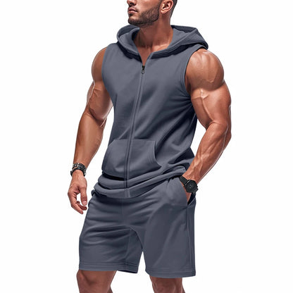 Sleeveless Zipper Hoodie Shorts Set