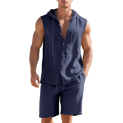 Linen Hooded Sleeveless Shirt Set