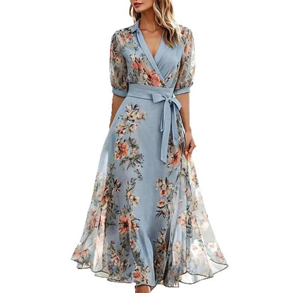 Printed V-Neck Lace-Up Short Sleeve Dress