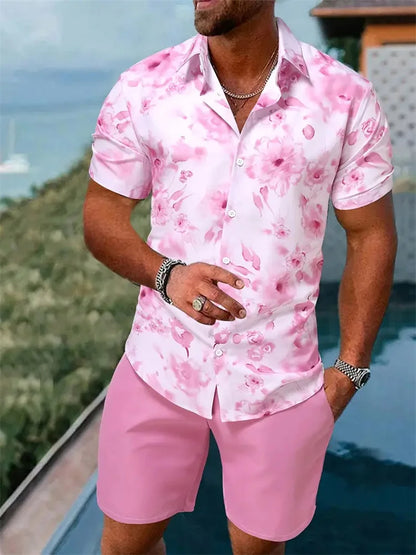 3D Leaf Print Hawaiian Shirt Set