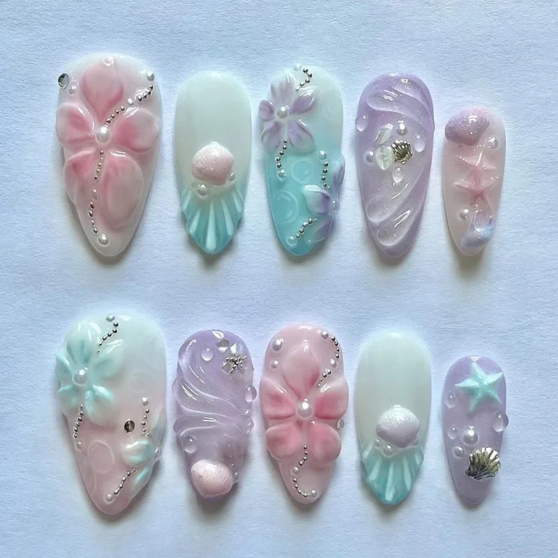 3D Flower Almond Press-On Nails