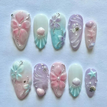 3D Flower Almond Press-On Nails