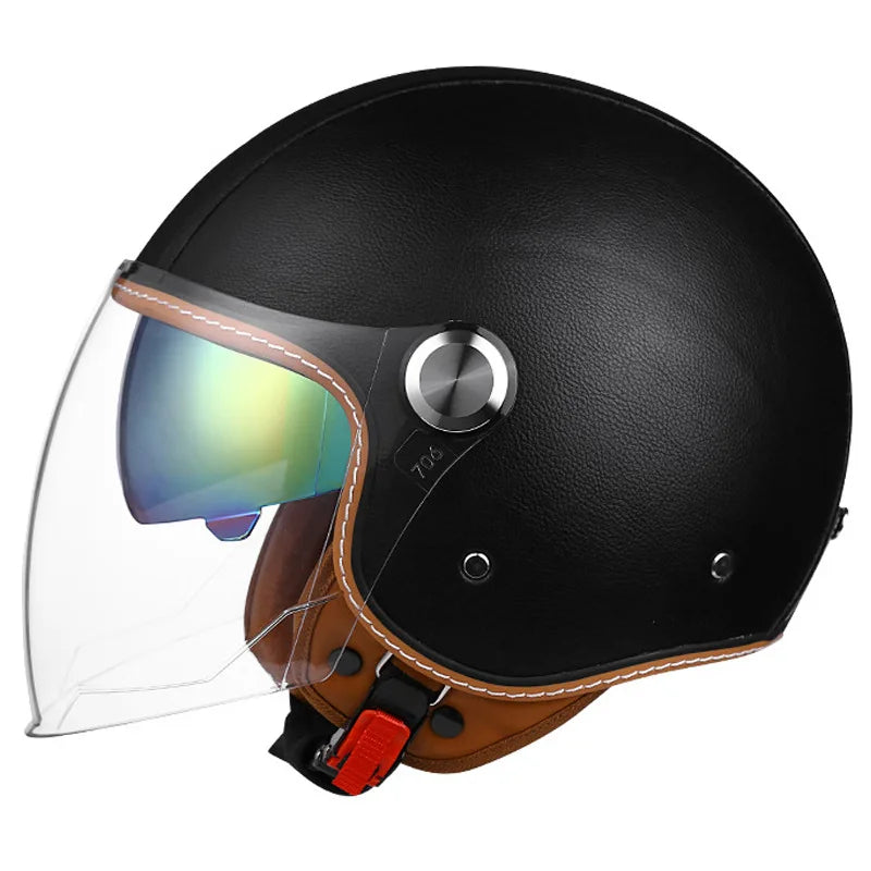 Brown Leather-Look 3/4 Jet Helmet