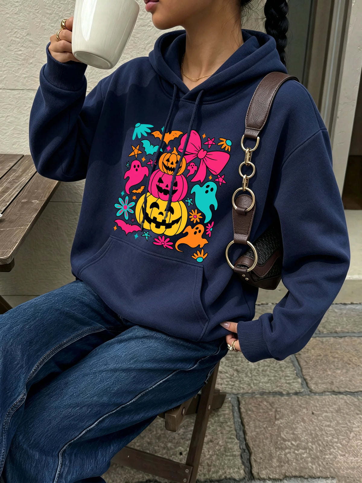 Pumpkin Bow Print Fleece Hoodie
