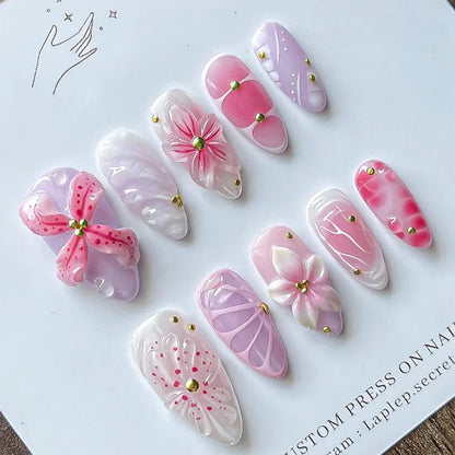 3D Flower Almond Press-On Nails