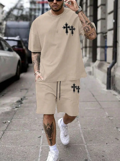 Cross Print T-Shirt Shorts Set