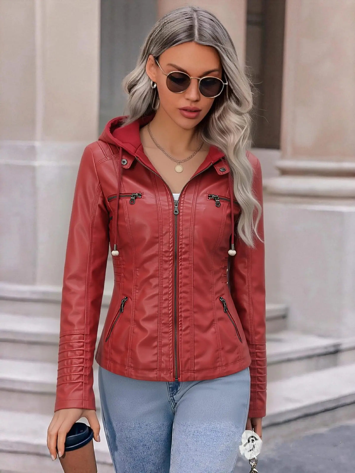 Detachable Hood Faux Leather Jacket