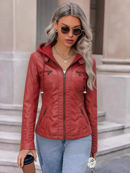 Detachable Hood Faux Leather Jacket