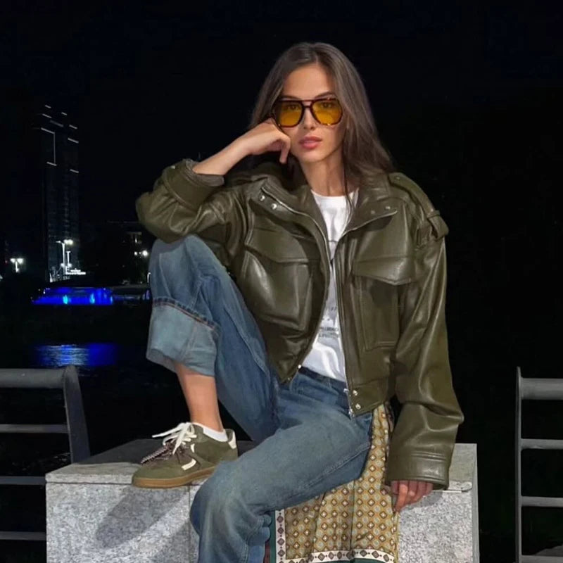 Cropped Faux Leather Jacket