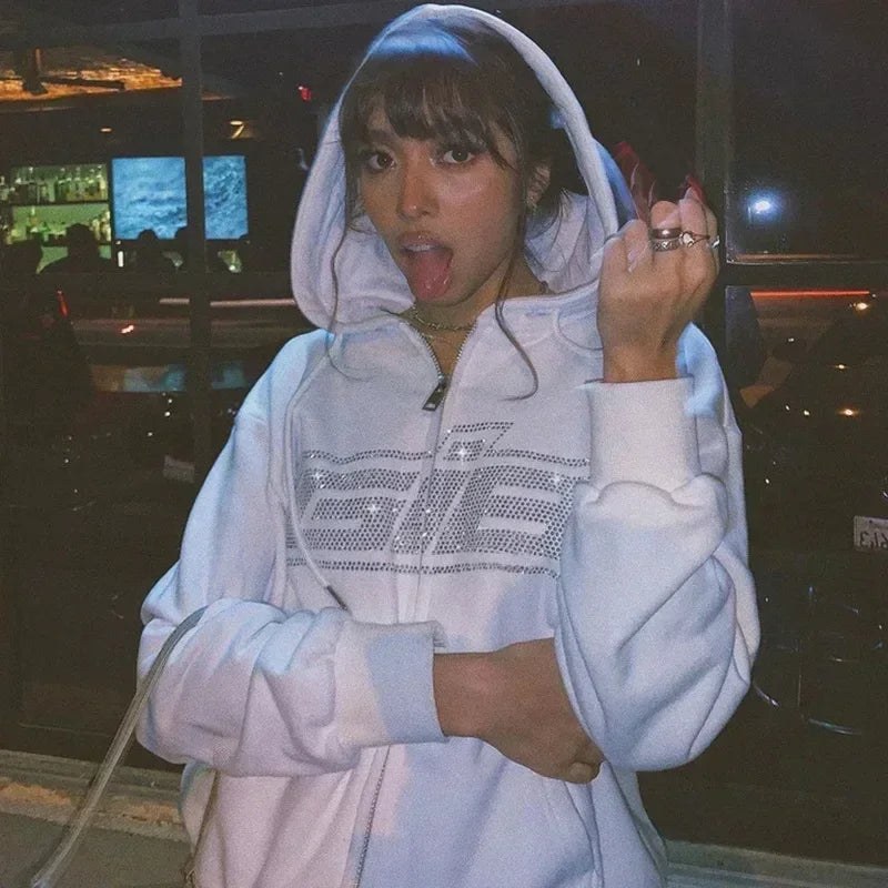 Rhinestone Letter Zip Hoodie