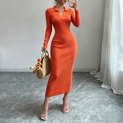 Ribbed Knit Long Sleeve Sweater Dress