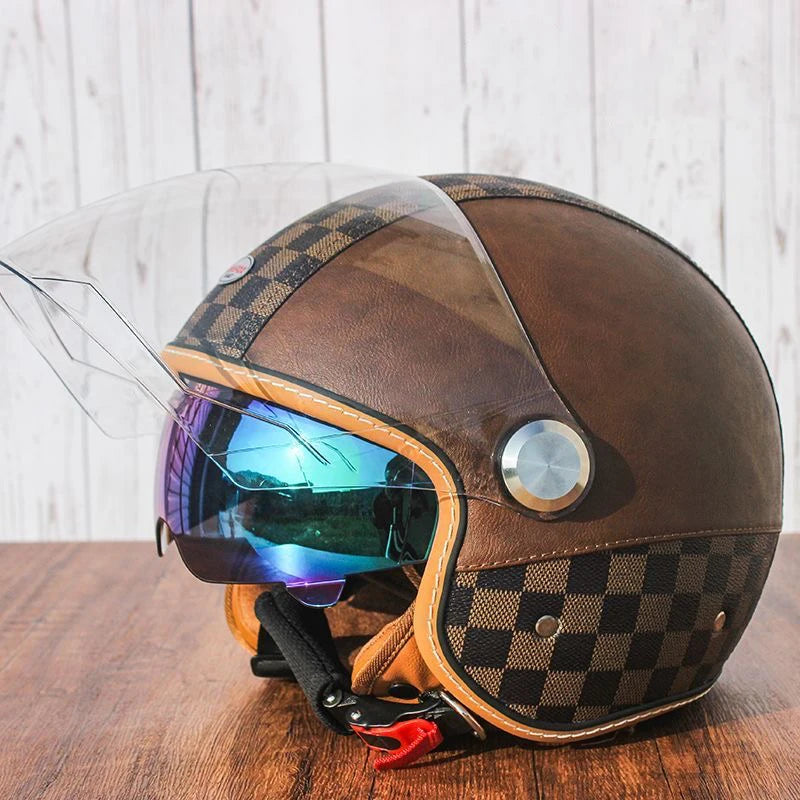Brown Leather-Look 3/4 Jet Helmet