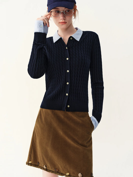 Navy Blue Faux Two-Piece Knit Cardigan