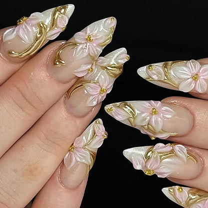 3D Flower Almond Press-On Nails