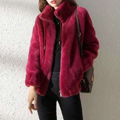 Mandarin Collar Faux Fur Coat
